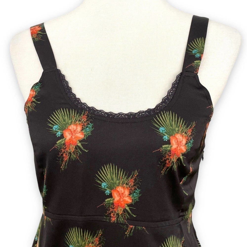 🍀 LAURIE Felt Black Floral Satin Slip Dress with Lace Hem Women's Size 00 - Picture 8 of 11